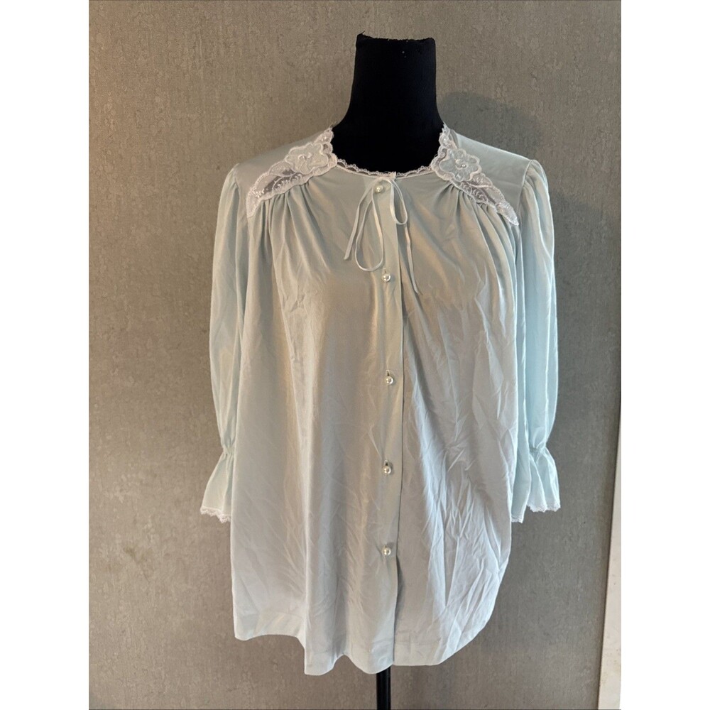Vintage 60s/70s Lorraine Mint Green Nylon Bed Jacket Lace Trim Lingerie Top